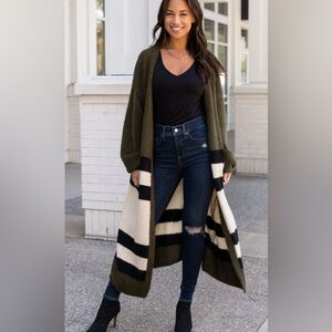 Panache Super soft Olive Green and Black Striped long Cardigan size Med